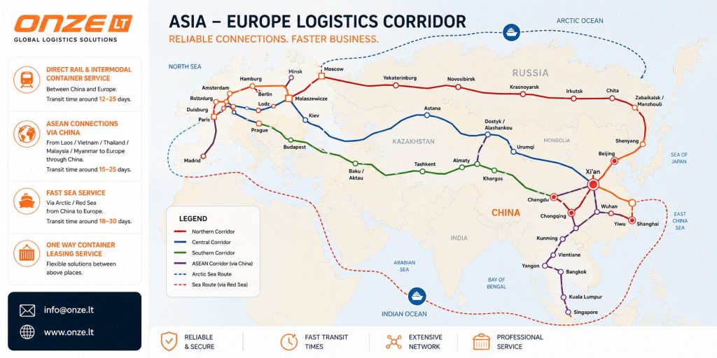 Konteinerinių traukinių maršrutų iš Kinijos į Europą žemėlapis su geležinkelio, jūrų ir intermodalinio transporto koridoriais.