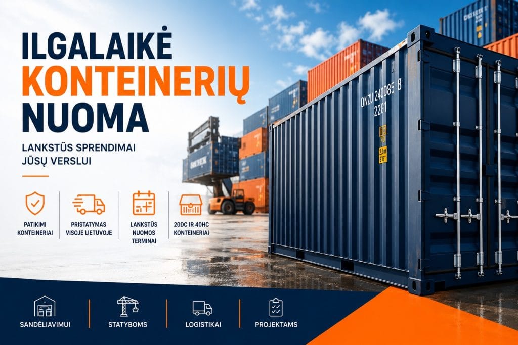 ilgalaikė konteinerių nuoma Klaipėdoje 40HC konteinerių nuoma sandėliavimui 20DC konteinerių ilgalaikė nuoma konteinerių nuoma verslui Lietuvoje ilgalaikė jūrinių konteinerių nuoma